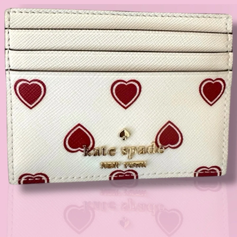 Kate Spade Madison Heartfelt Geo Cream & Red  Card Holder New in Gift Box